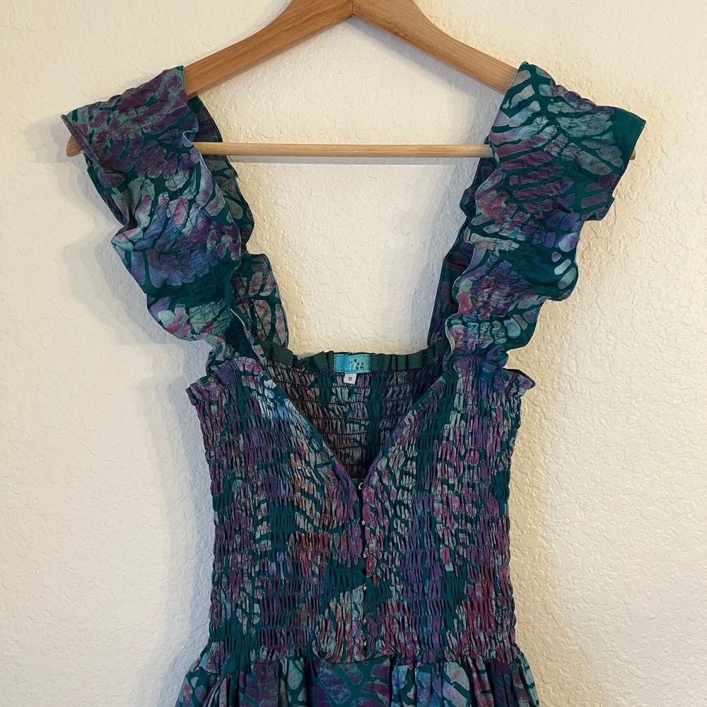 Sika Traci Smocked Maxi Dress 6 Leaf Print Tropical Resort Vacation Cotton Teal - Picture 8 of 16